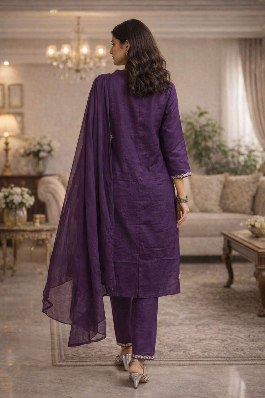 Royal Purple Floral Embroidered Kurta Pant Set with Dupatta