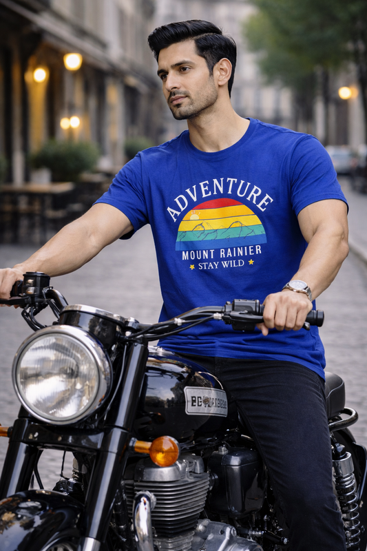 Adventure Stay Wild – Mount Rainier Graphic Printed T-Shirt (Royal Blue)