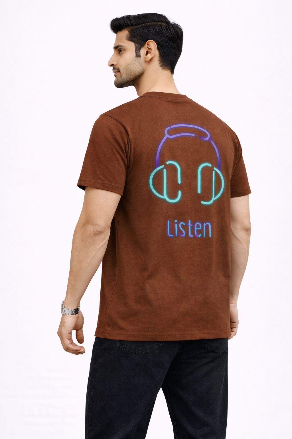 “Listen” Headphone Neon-Line Graphic T-Shirt – (Brown)