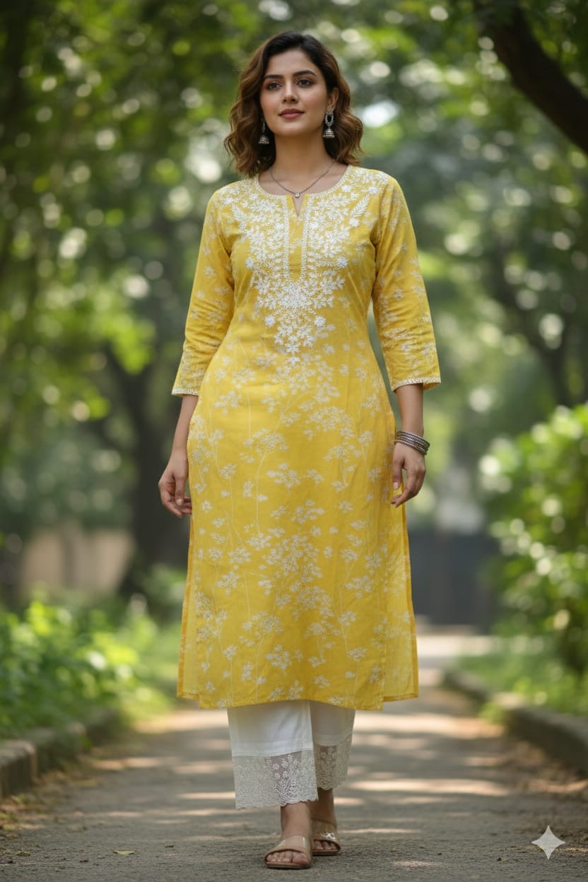 Sunshine Yellow Floral Chikankari Cotton Kurta Set