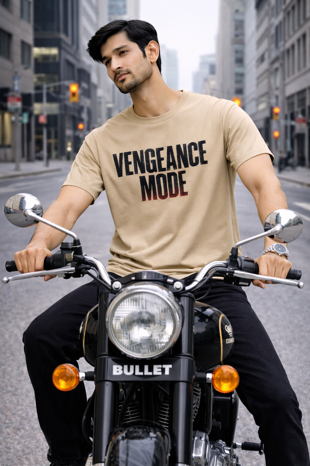 Vengeance Mode Typography T-Shirt – Bold Chest Print (Beige/Tan)