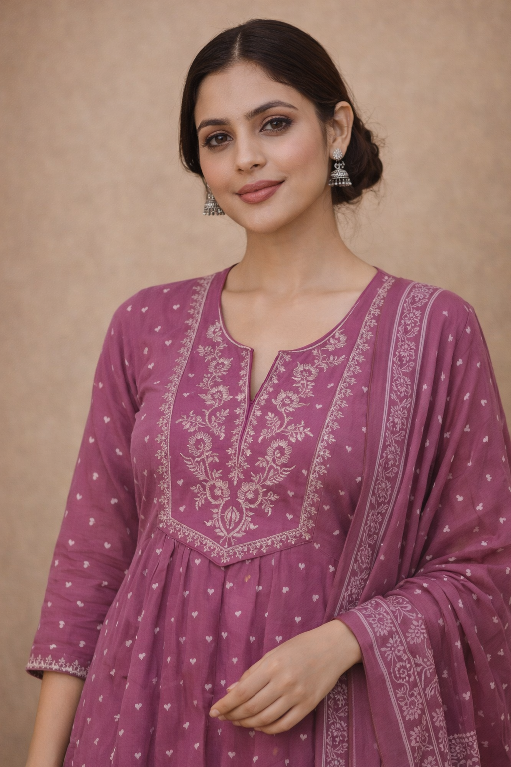 Plum Rose Embroidered Anarkali Kurta Set with Printed Dupatta