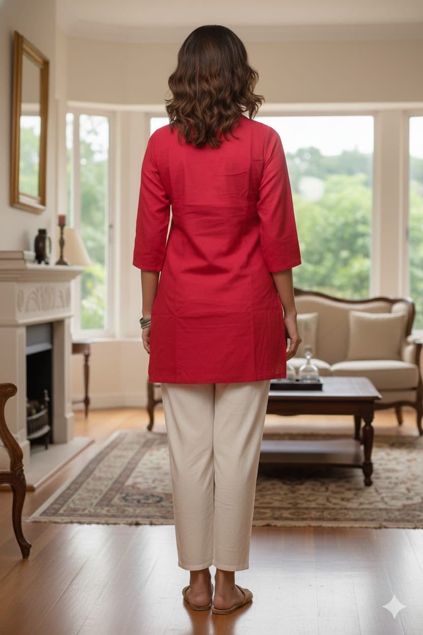 Crimson Red Solid Kurta Co-Ord Set with Floral Accent Pants