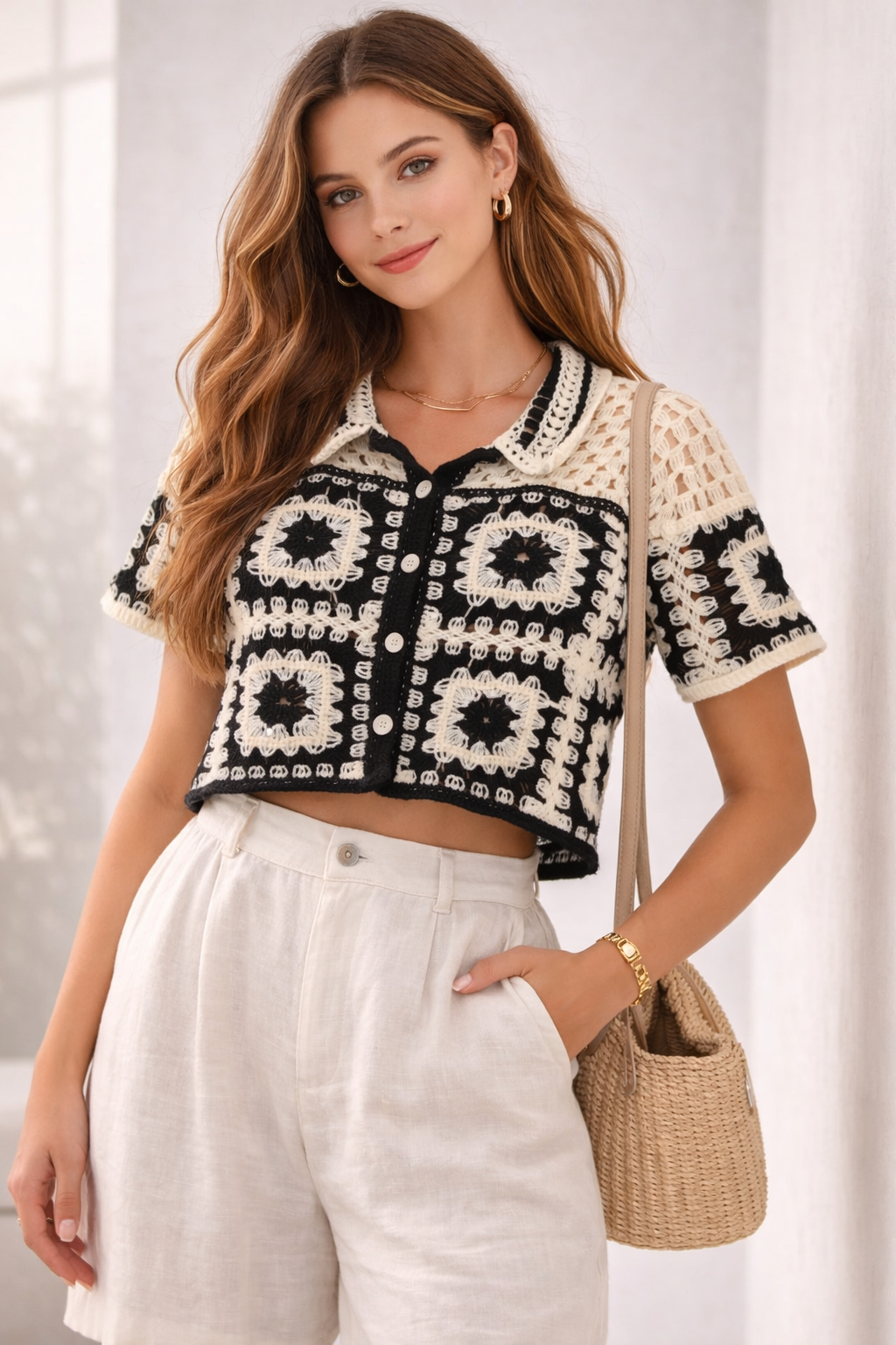 Vintage Crochet Button-Down Crop Top – Black & Ivory