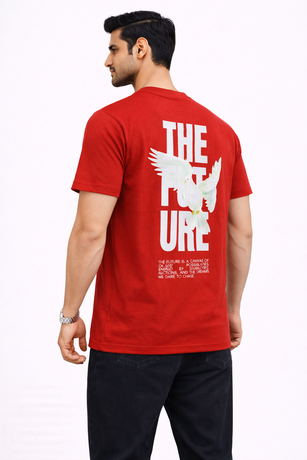 Future Statement Graphic T-Shirt with Dove Print – Motivational Back Print (Red)