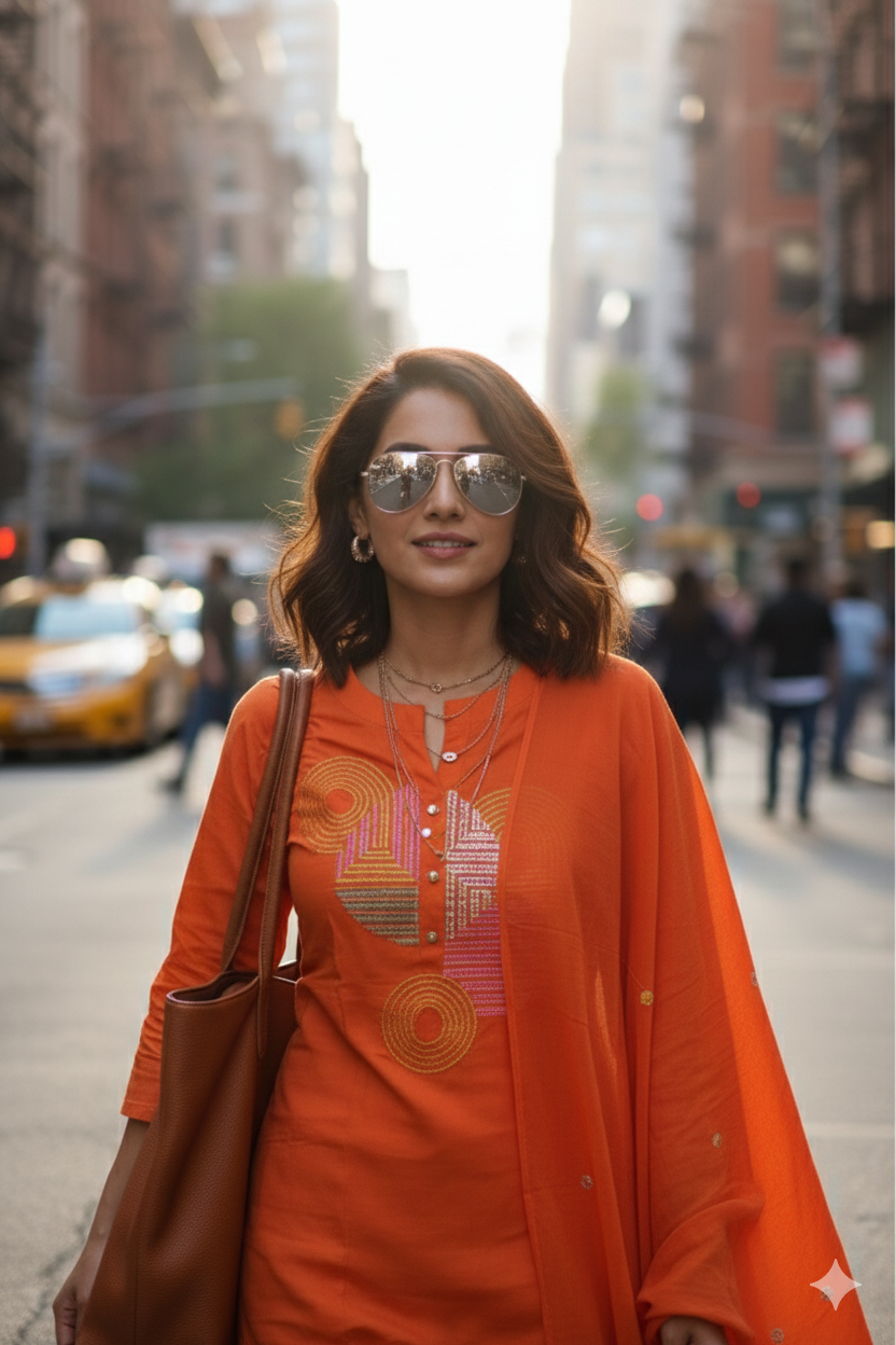 Sunset Orange Embroidered Kurta Set with Sheer Dupatta