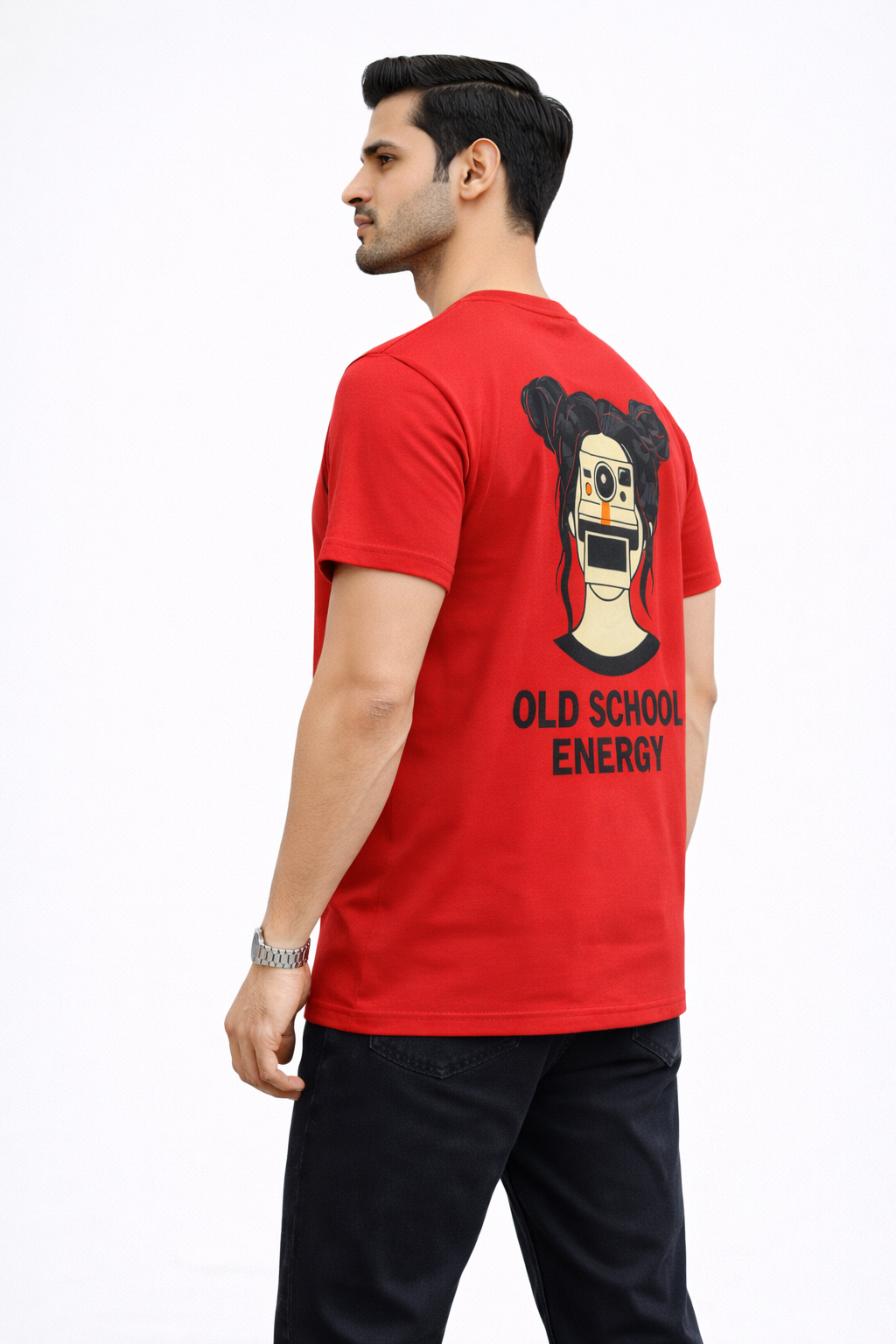 Old School Energy Graphic Printed Oversize T-Shirt – Retro Aesthetic (Red)
