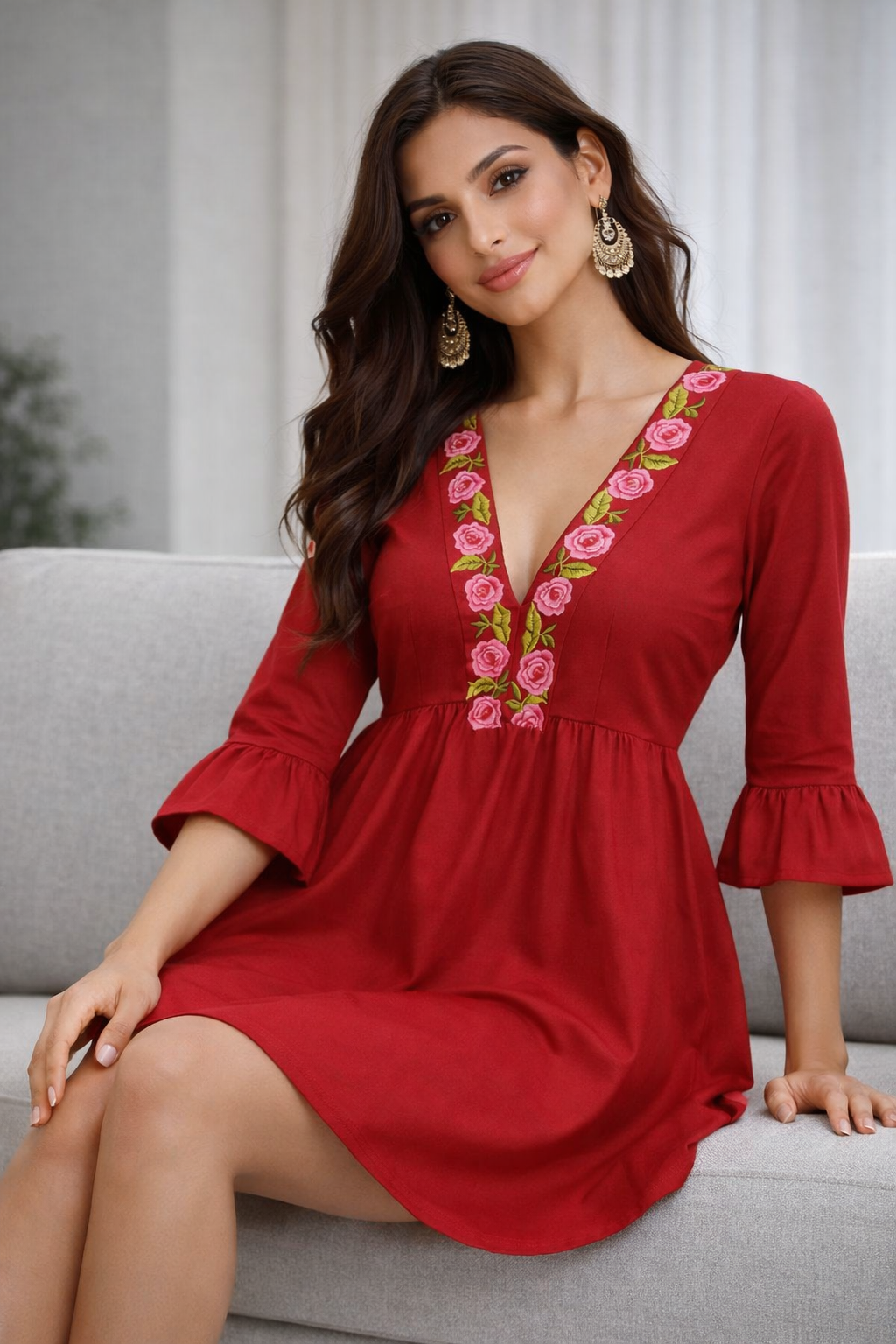 Wine Red Embroidered Empire Waist A-Line Dress with Bell Sleeves