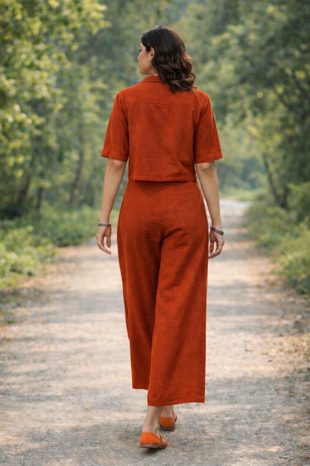 Rust Brown Linen Co-Ord Set with Crop Shirt & Wide-Leg Pants
