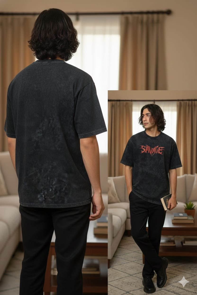 Men’s Black Acid Wash Oversized Graphic T-Shirt – SAVAGE Print