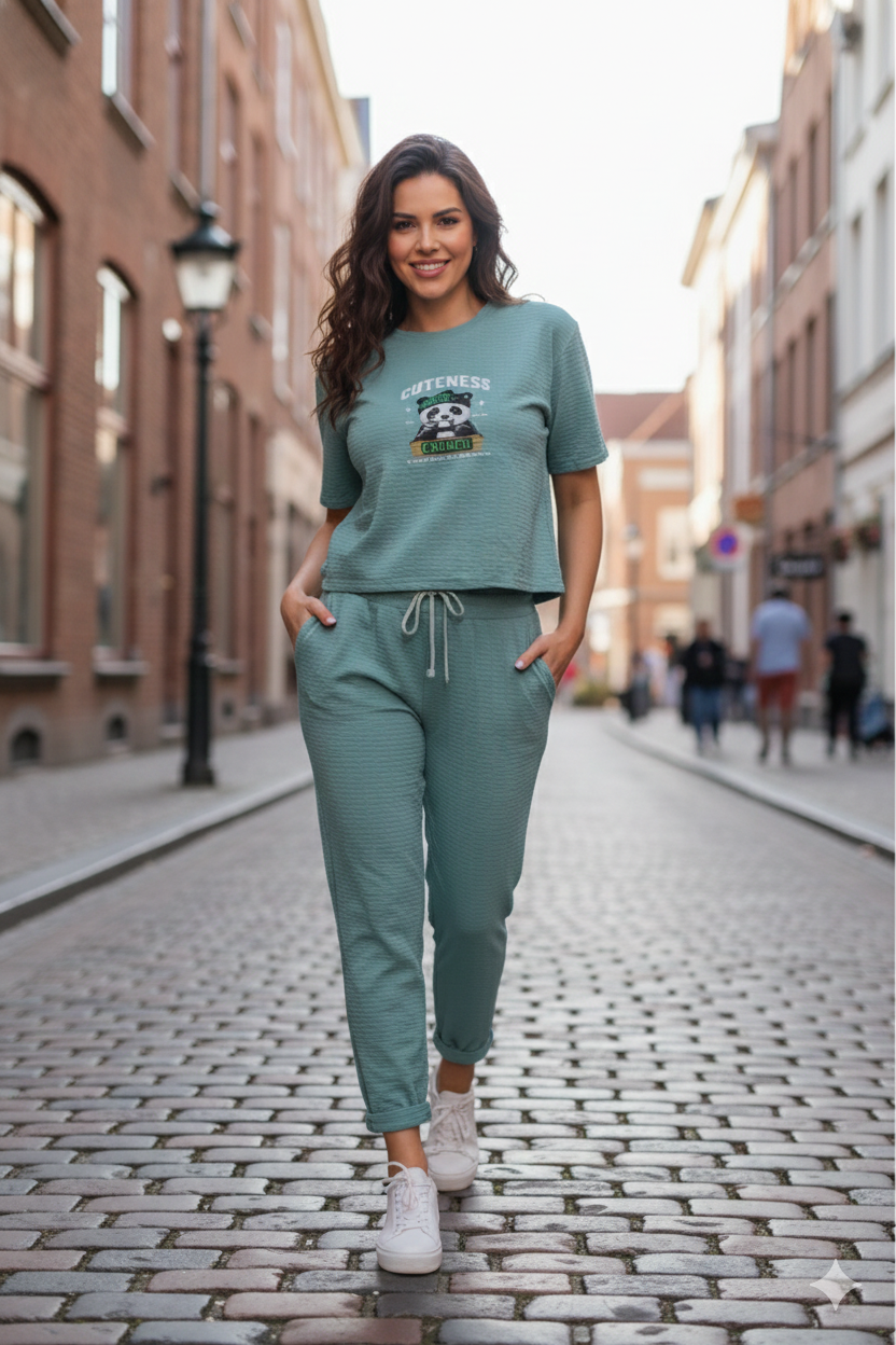 Women’s Teal Green Graphic Lounge Set with T-Shirt & Jogger Pants