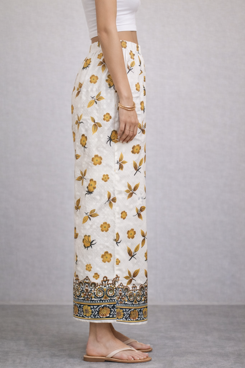 Women’s Yellow Floral Printed Straight-Fit Casual Trousers