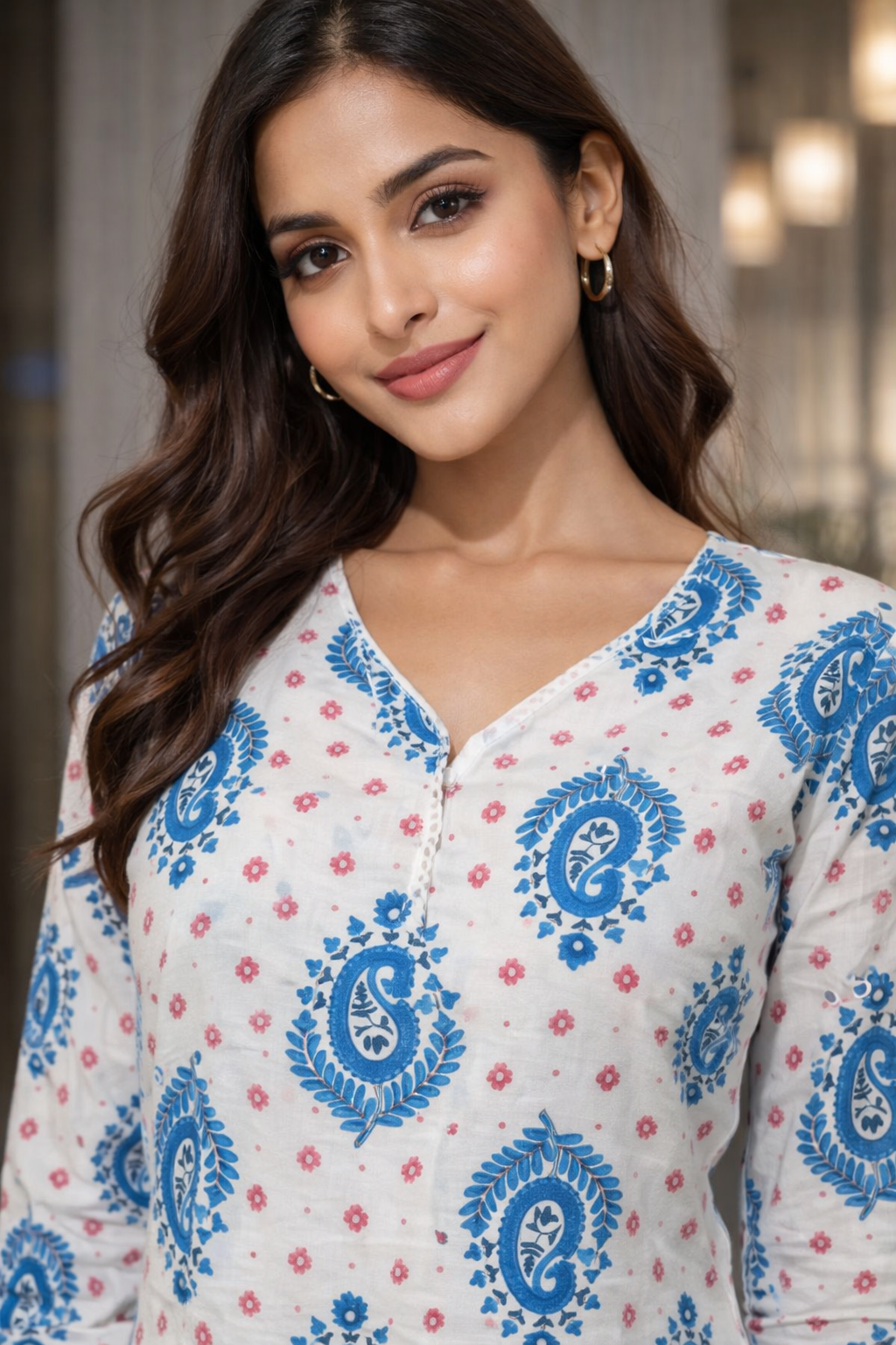 Women’s Printed Cotton Tunic Top – V-Neck, 3/4 Sleeve (White, Blue & Pink)