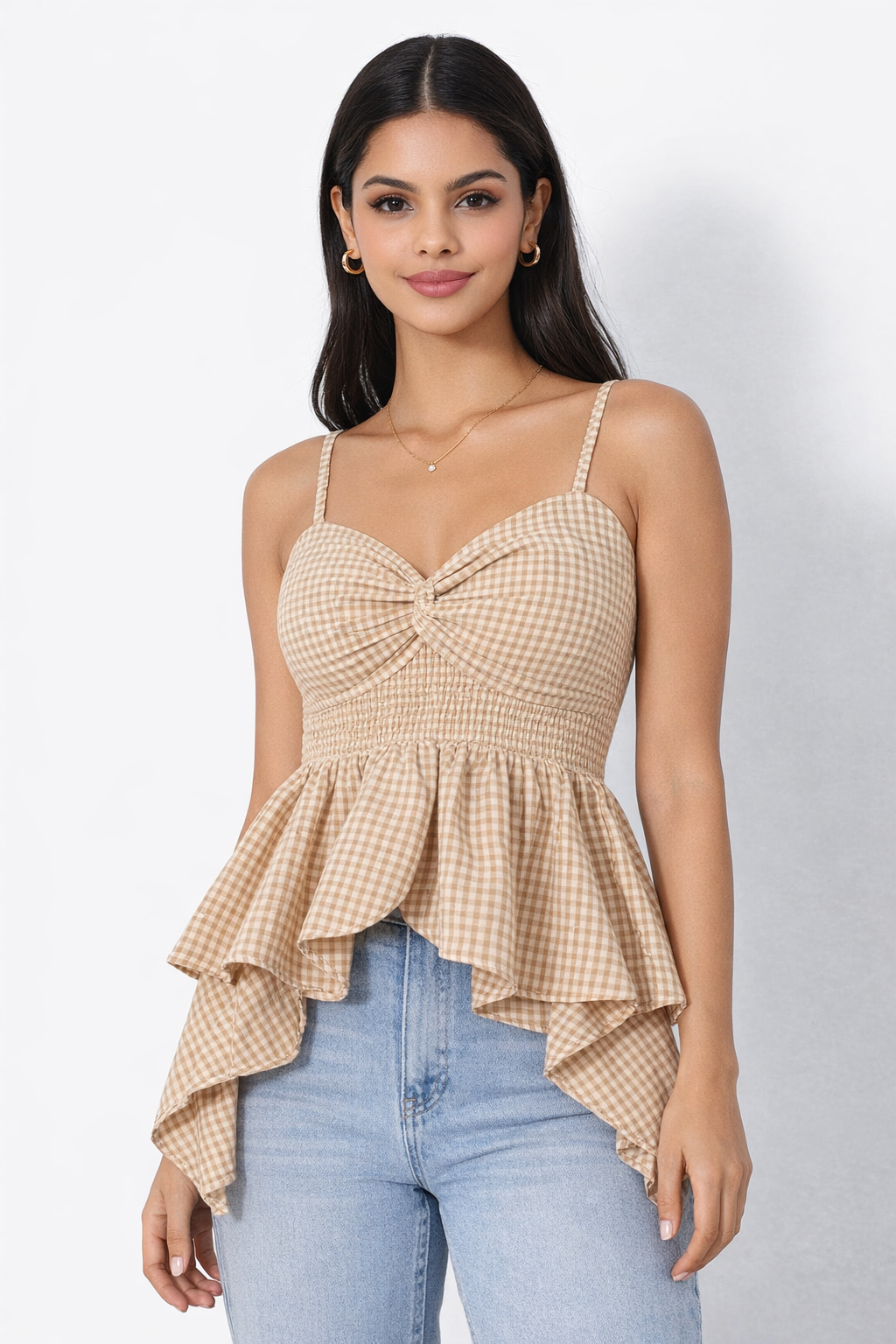 Women Beige Gingham Knot Strap Peplum Top