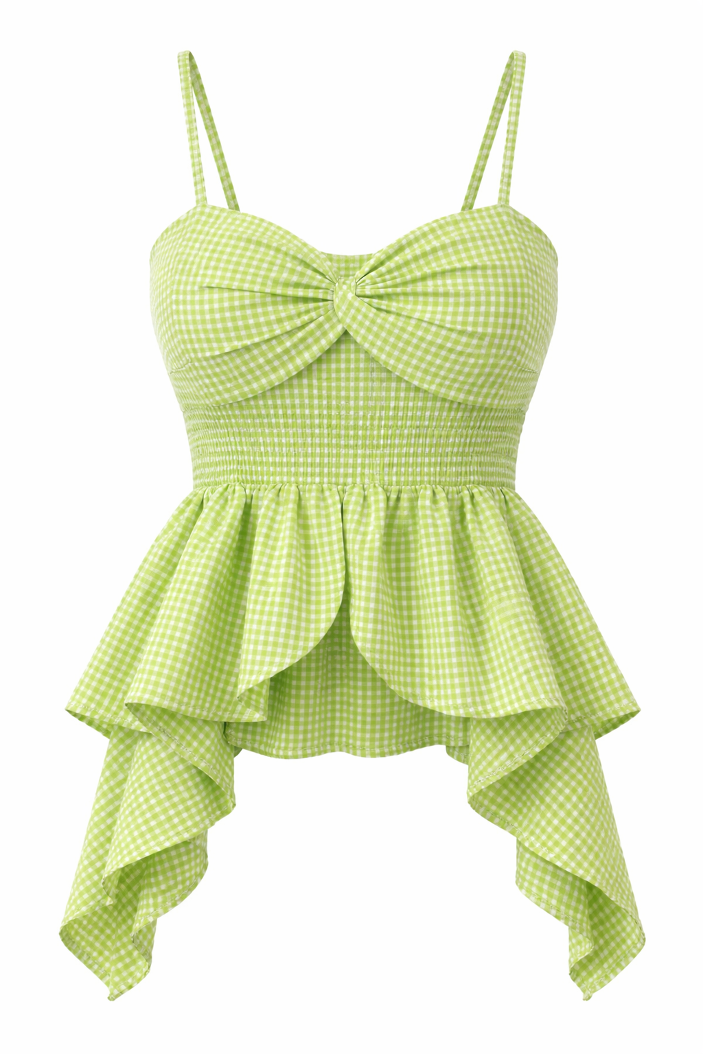 Women Lime Green Gingham Knot Strap Peplum Top