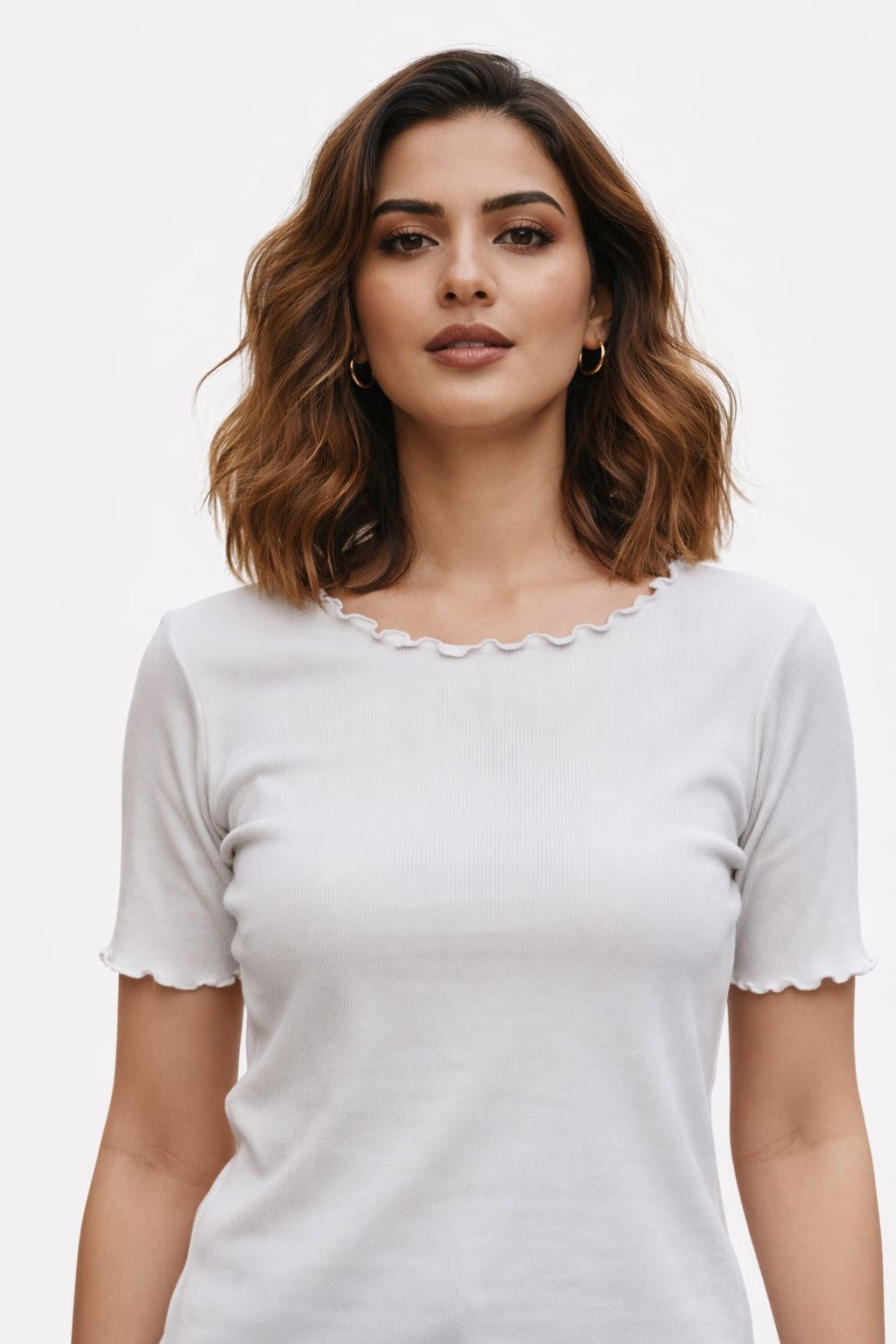 White Ribbed Fitted Top with Lettuce Hem