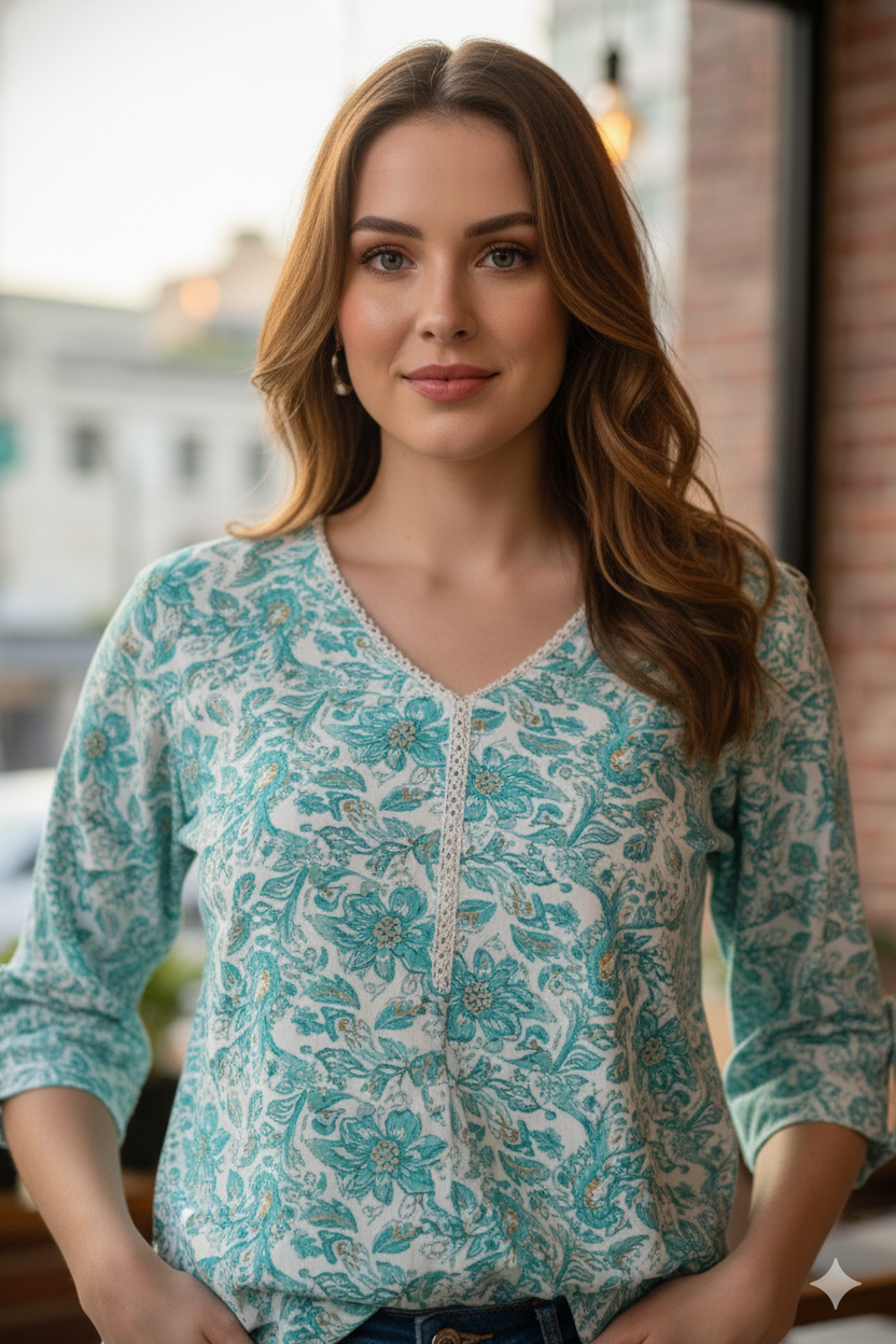 Teal Floral Printed V-Neck Lace Detail Cotton Kurti Top