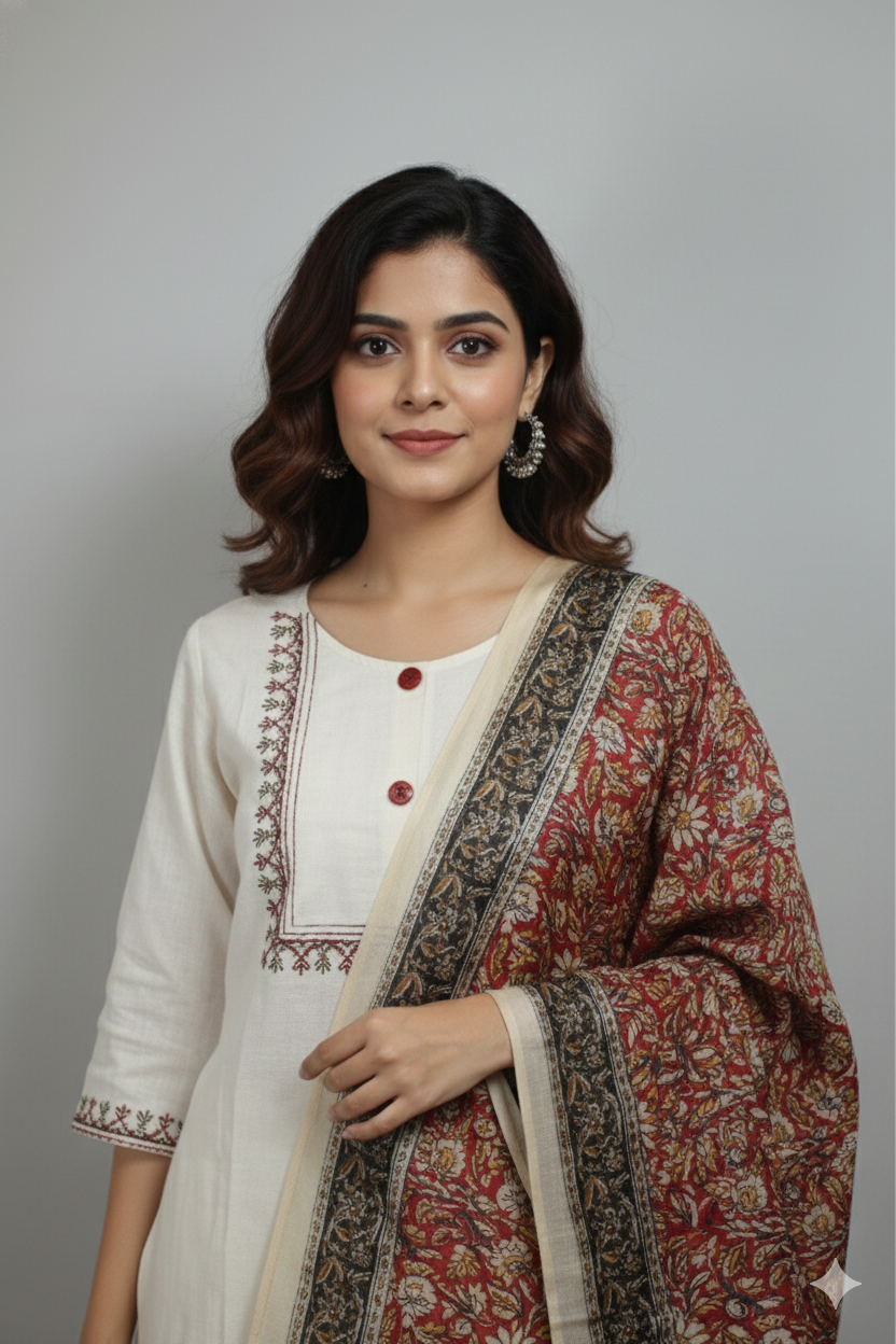 Ivory Rust Printed Kurta Set with Traditional Dupatta