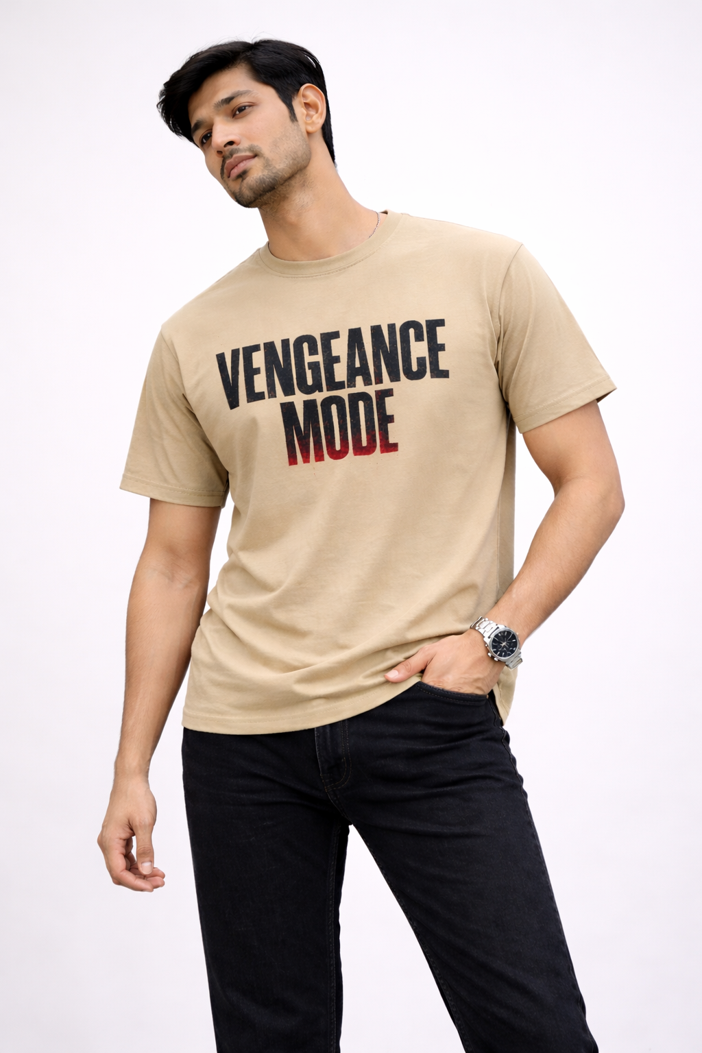 Vengeance Mode Typography T-Shirt – Bold Chest Print (Beige/Tan)
