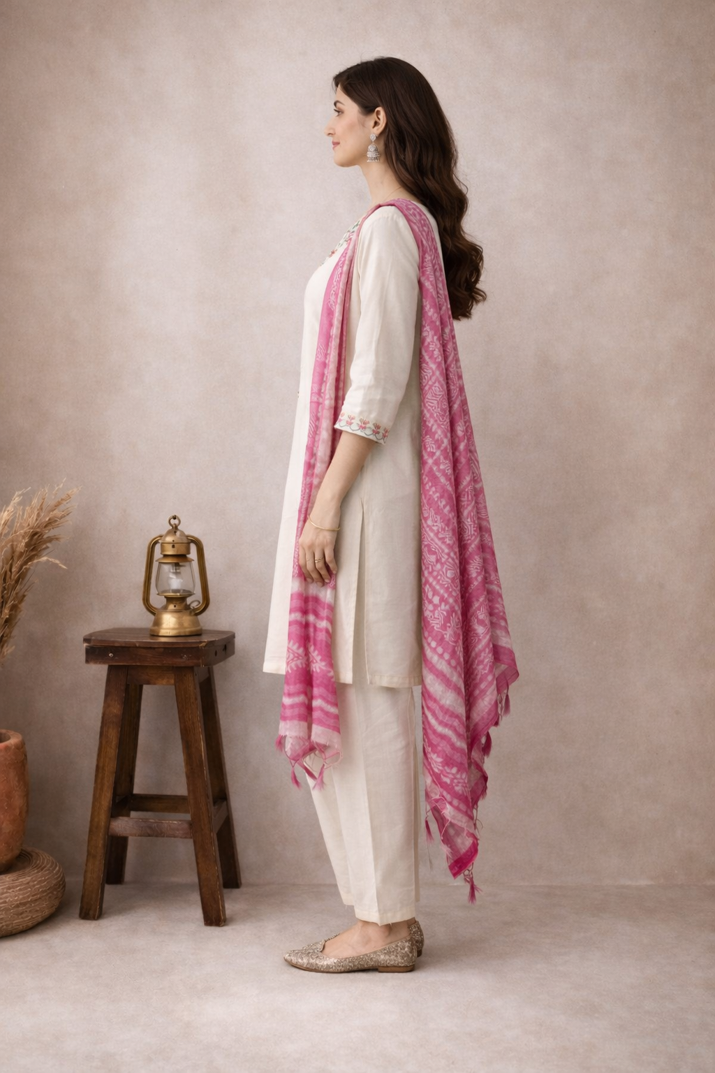 Ivory Bloom Embroidered Kurta Set with Pink Dupatta