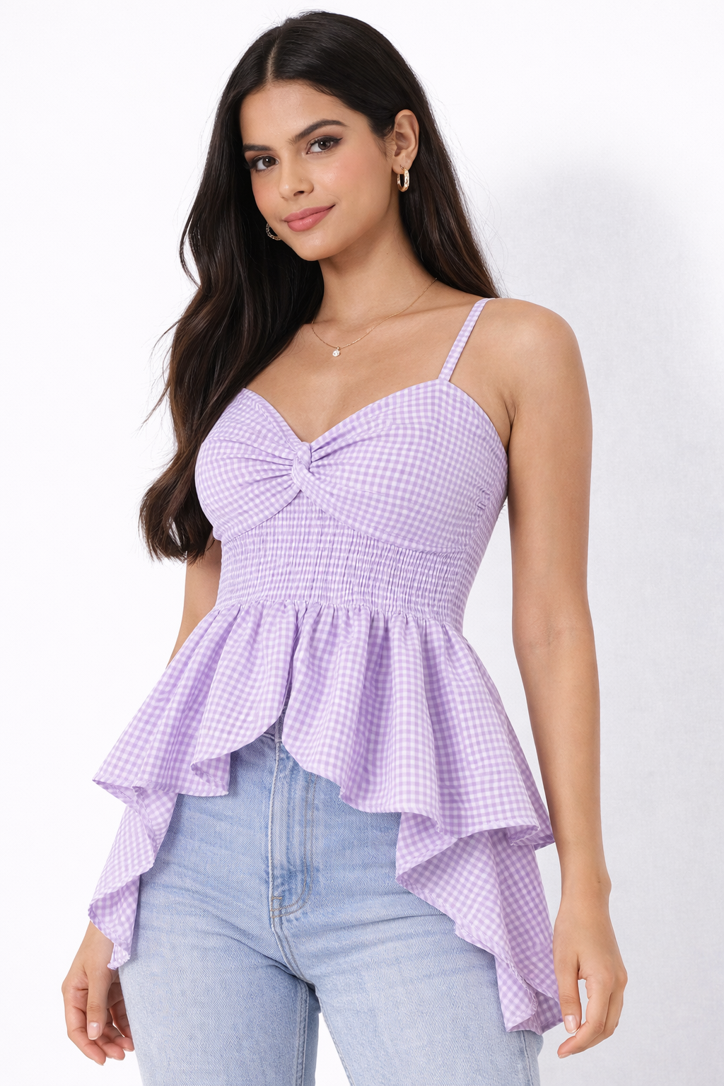 Women Lavender Gingham Knot Strap Peplum Top