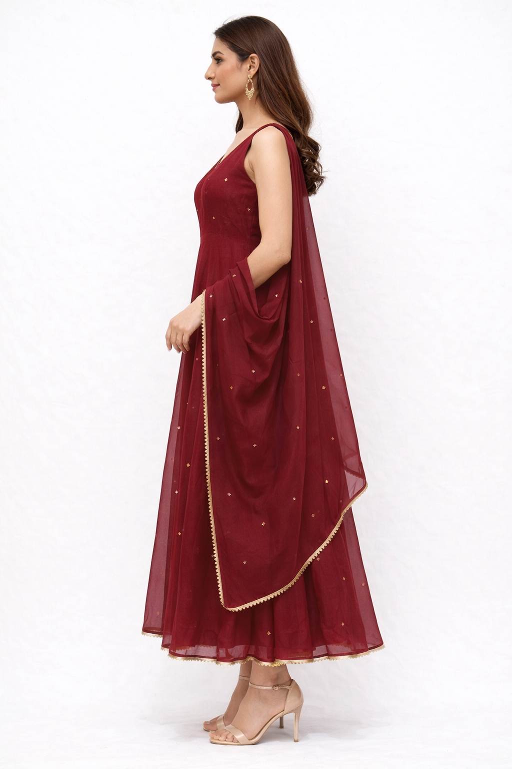Sleeveless Maroon Anarkali Dress with Dupatta