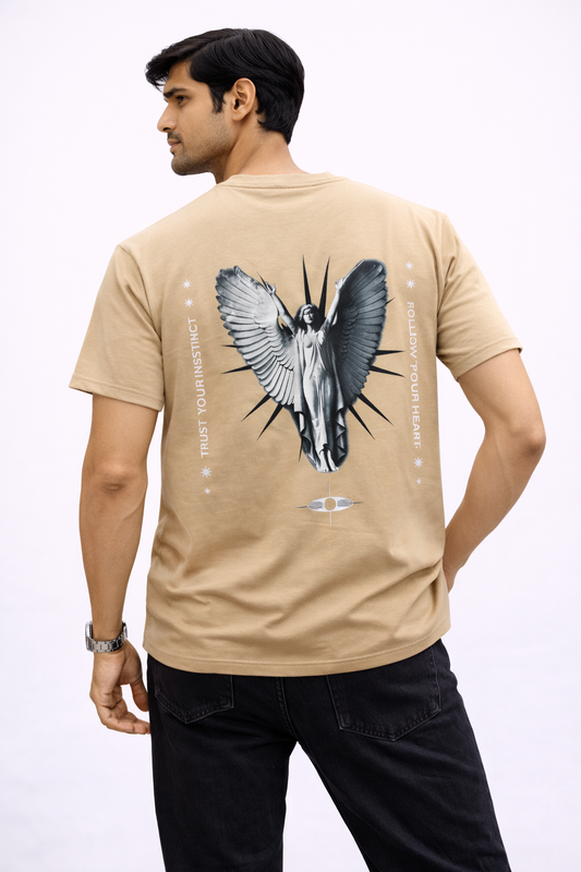 Angel Statue Graphic T-Shirt – Inspirational Back Print (Beige/Tan)