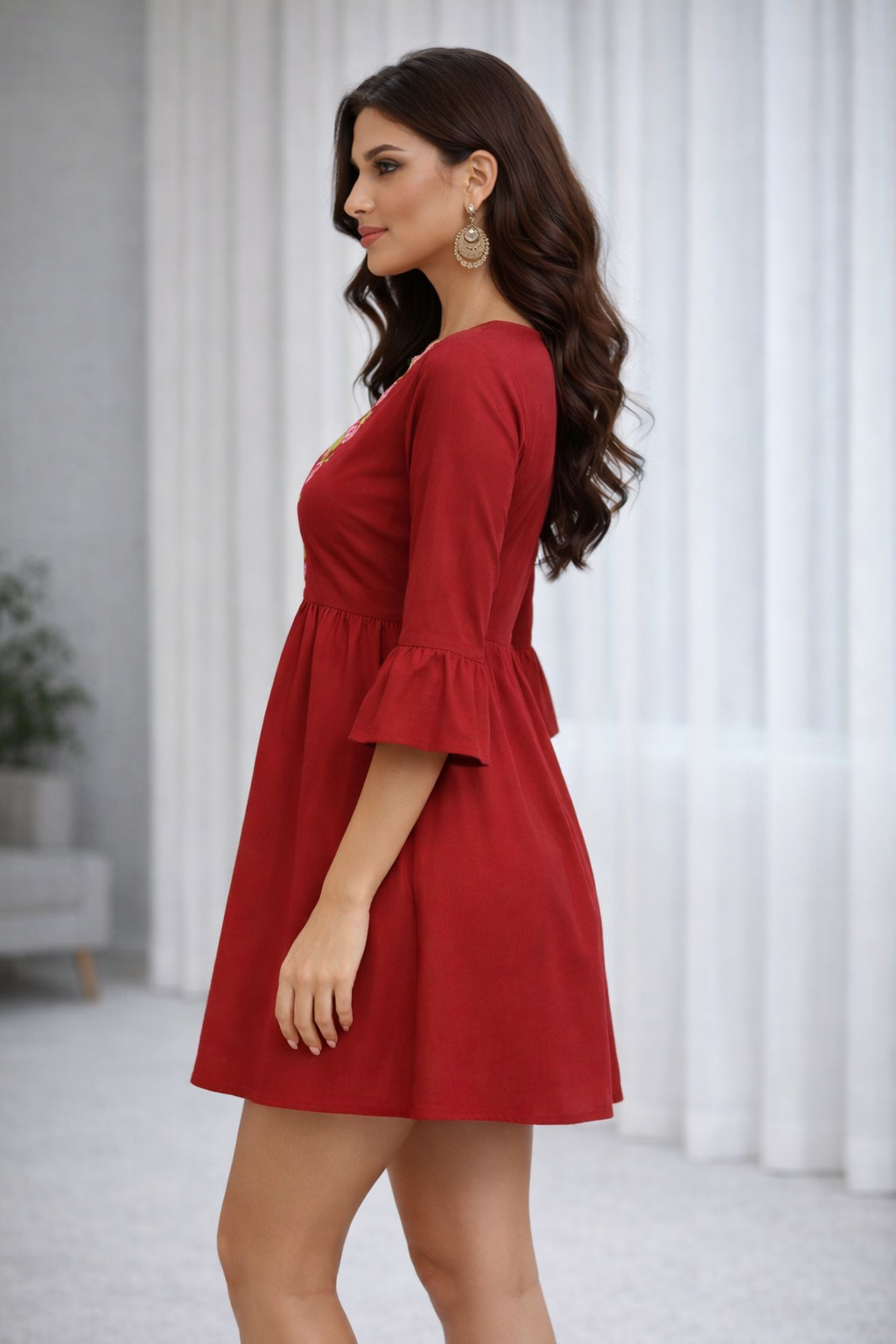 Wine Red Embroidered Empire Waist A-Line Dress with Bell Sleeves