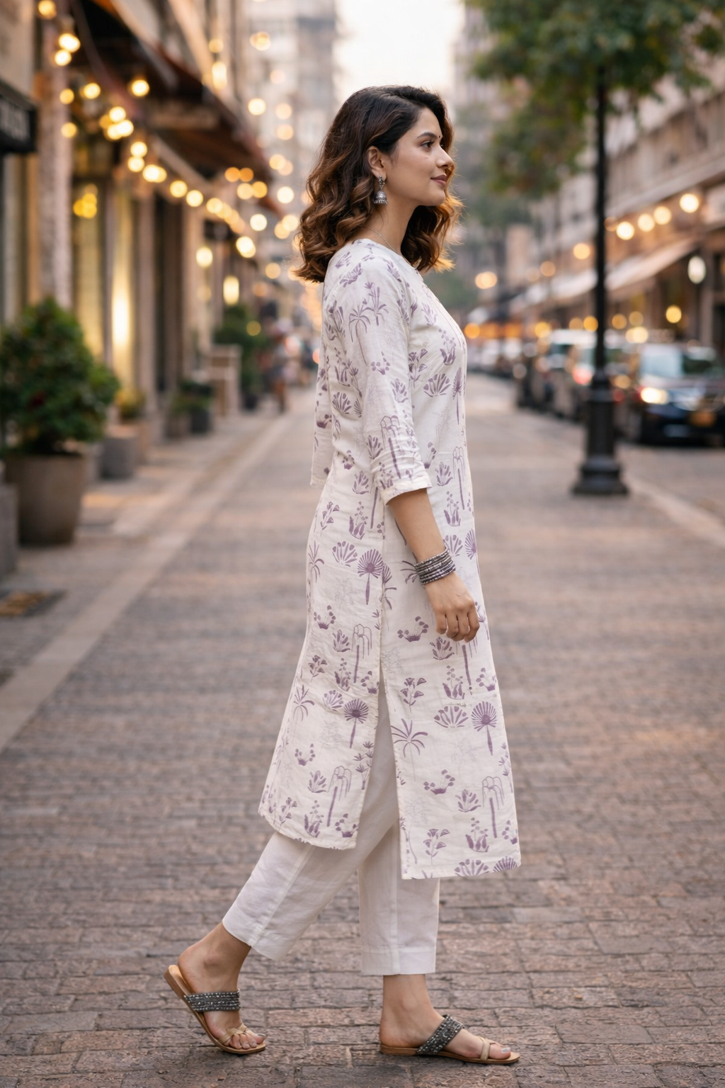 Ivory Lilac Botanical Print Straight Kurta Set