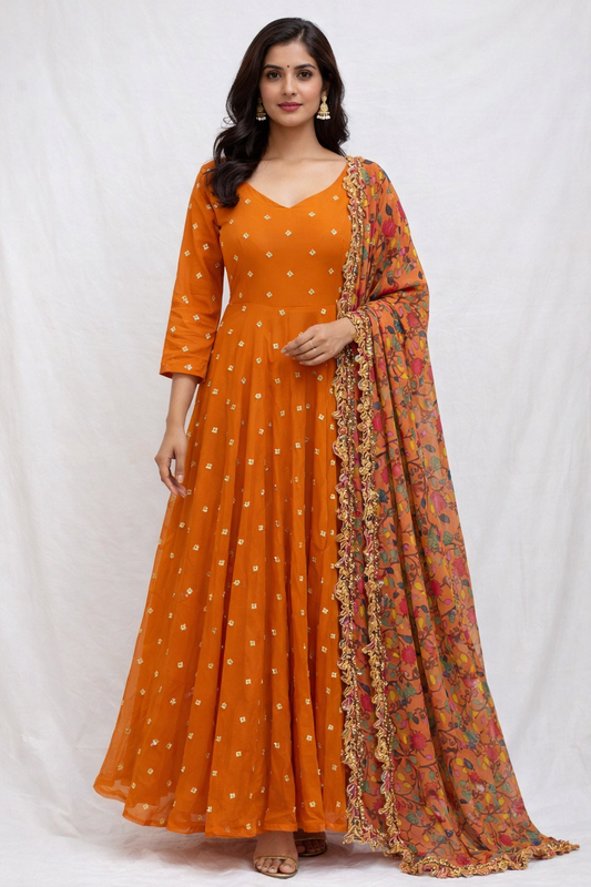Amber Marigold Embellished Anarkali Suit Set with Floral Printed Dupatta