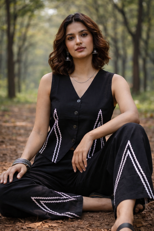 Midnight Black Sleeveless Embroidered Co-ord Set