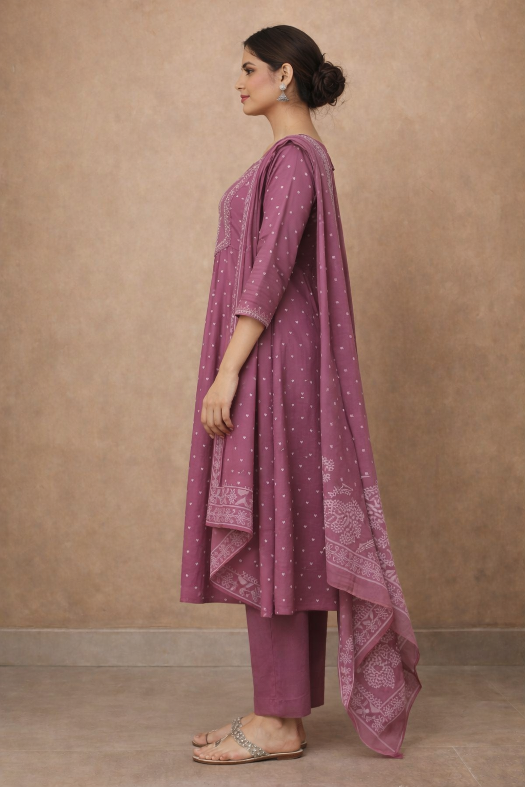 Plum Rose Embroidered Anarkali Kurta Set with Printed Dupatta