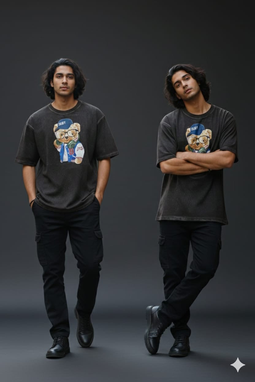 Men’s Charcoal Black Acid Wash Oversized Graphic T-Shirt