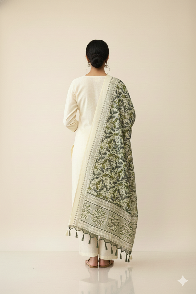Ivory Green Floral Embroidered Kurta Set with Printed Dupatta