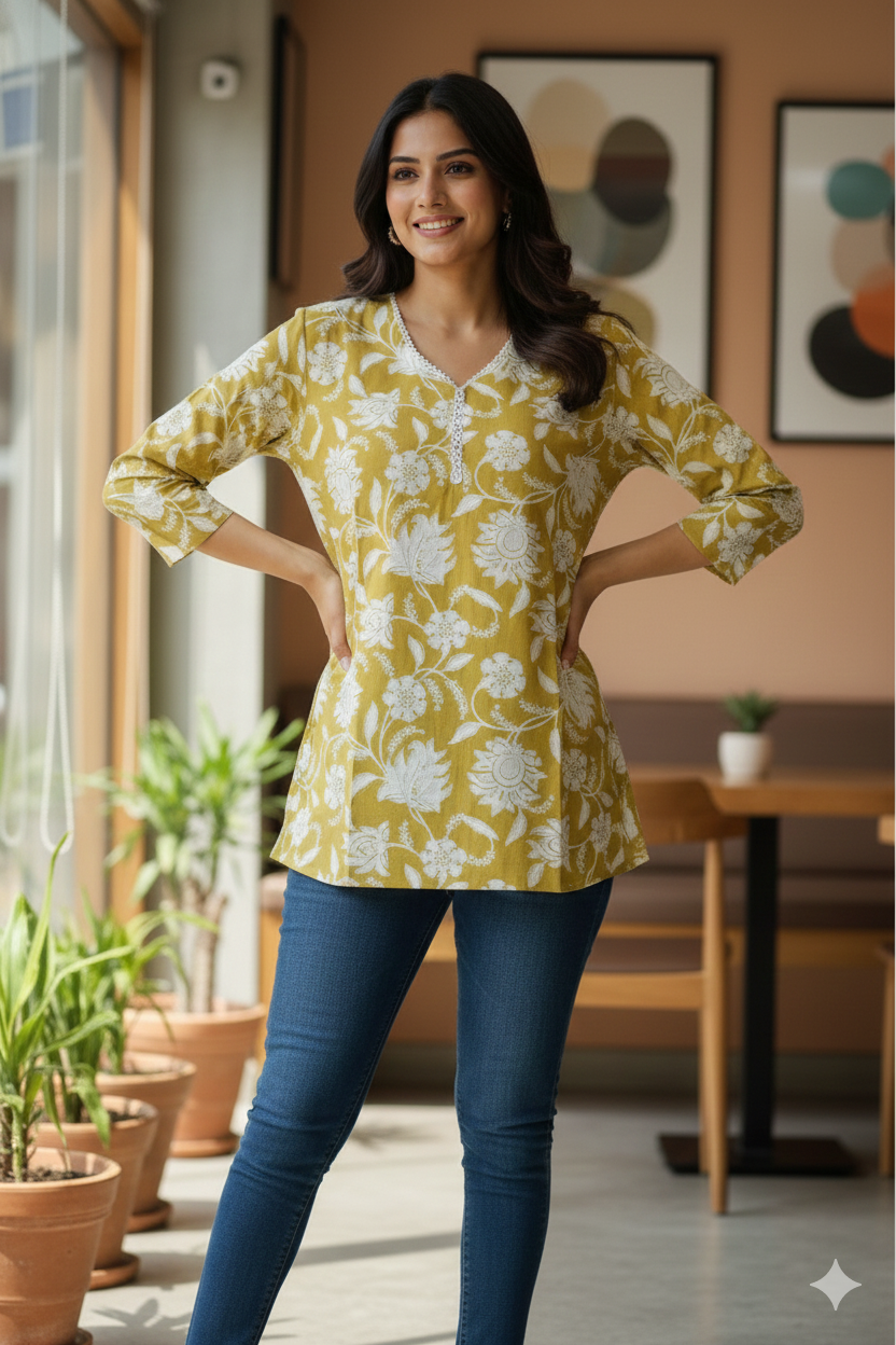 Women’s Floral Printed Cotton Tunic Top – V-Neck, 3/4 Sleeve (Mustard Yellow)