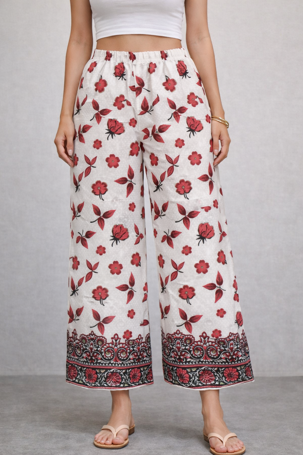 Women’s Red Floral Printed Straight-Fit Casual Trousers