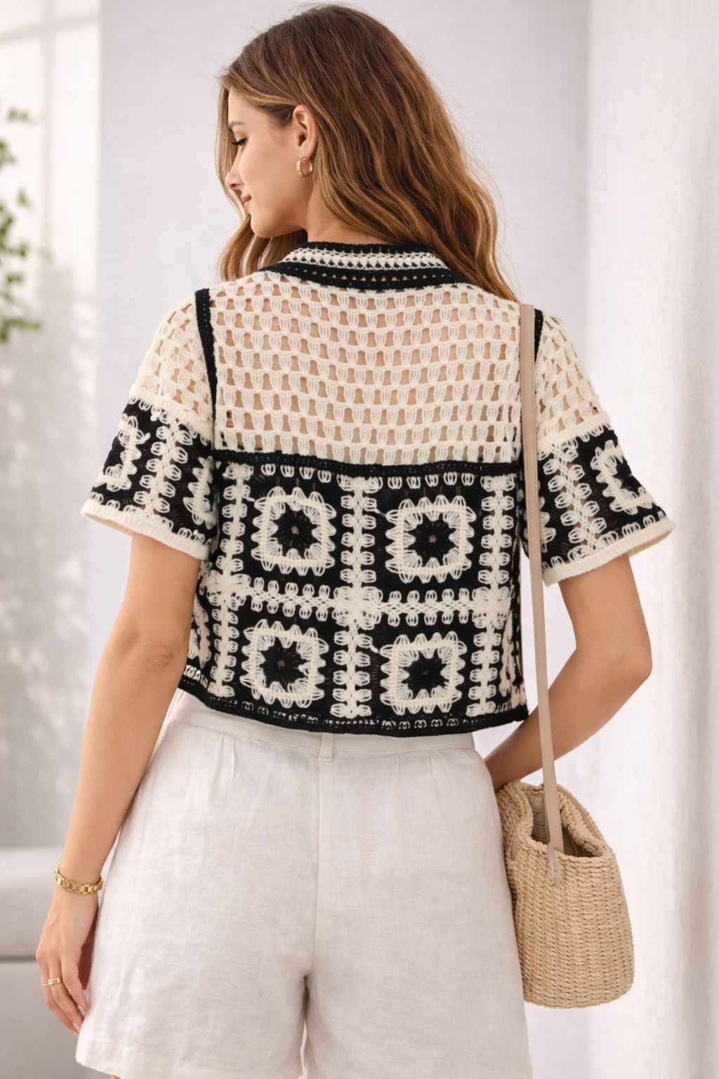 Vintage Crochet Button-Down Crop Top – Black & Ivory