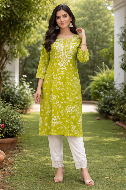Lime Green Bloom Chikankari Kurta Set