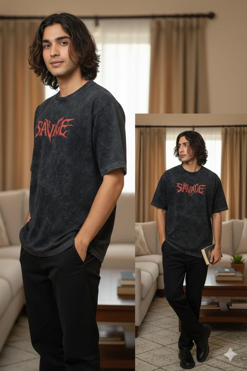 Men’s Black Acid Wash Oversized Graphic T-Shirt – SAVAGE Print