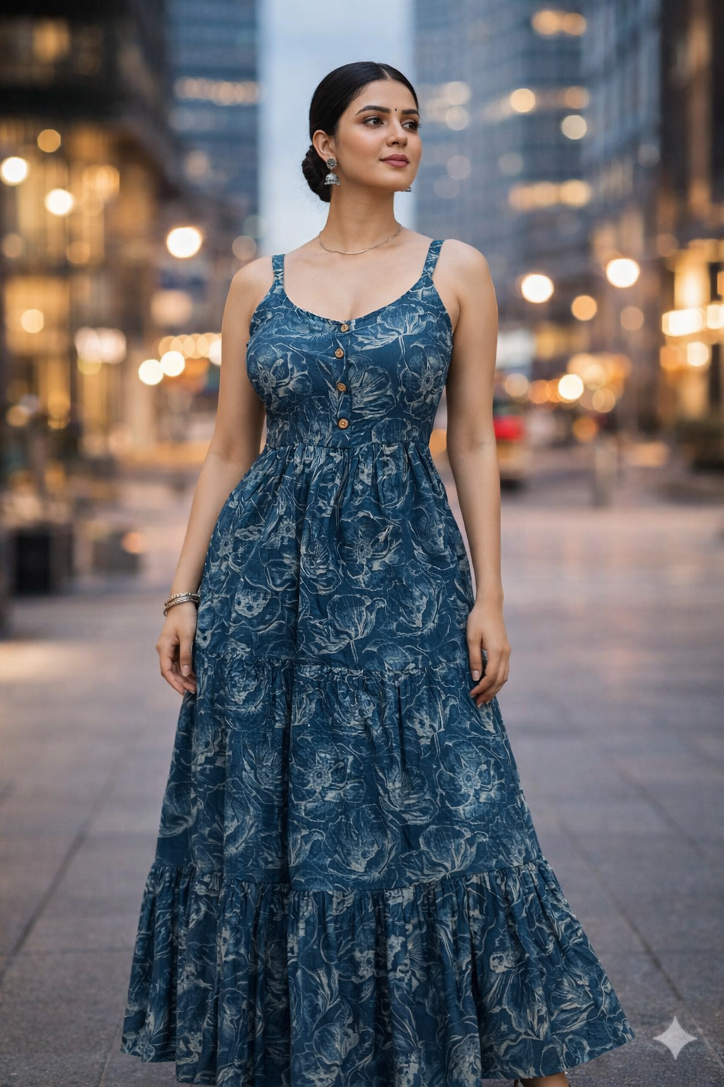 Indigo Bloom Printed Tiered Maxi Dress