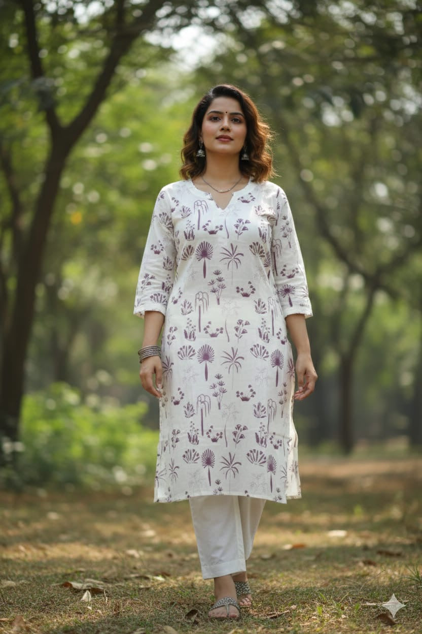 Ivory Lilac Botanical Print Straight Kurta Set