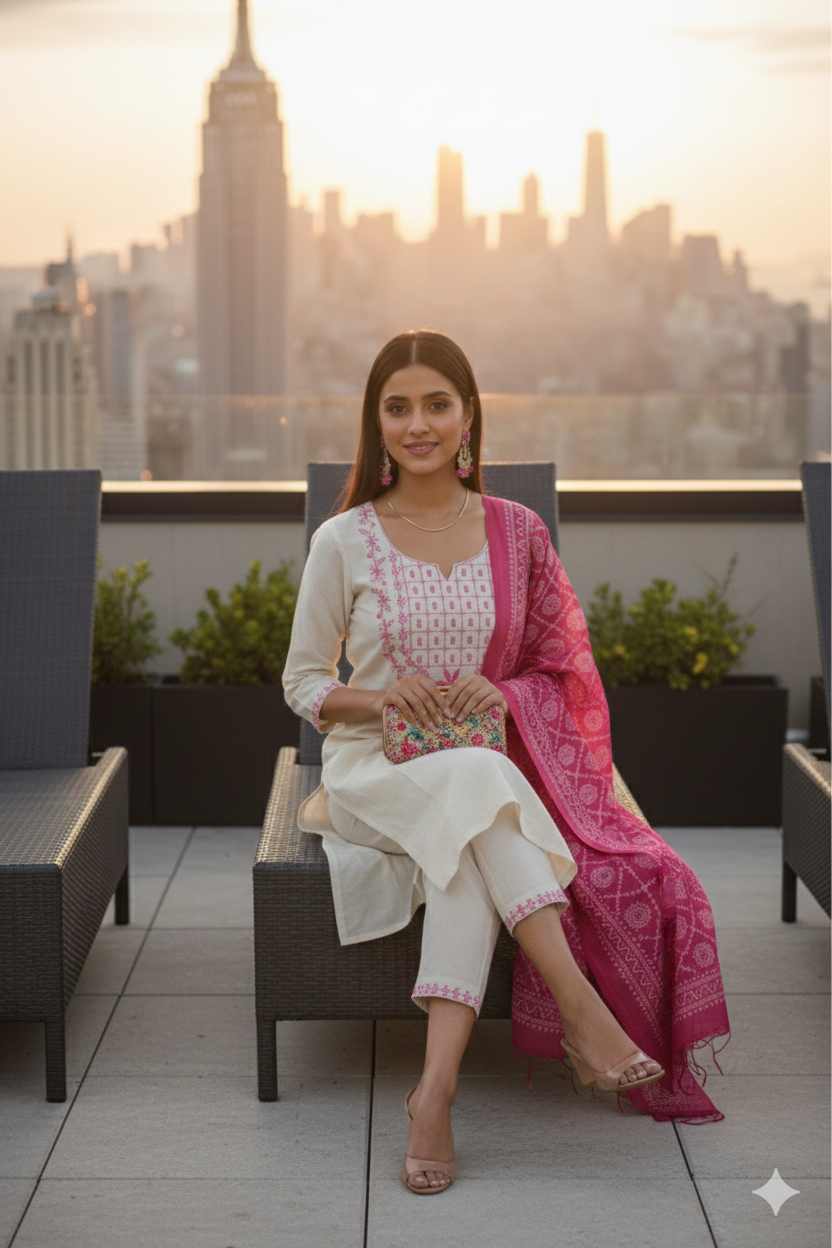 Ivory Pink Embroidered Kurta Set with Bandhani Dupatta