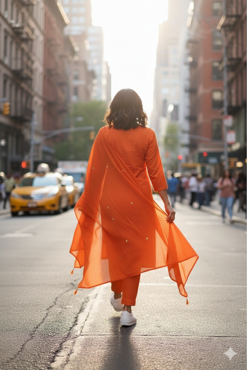 Sunset Orange Embroidered Kurta Set with Sheer Dupatta