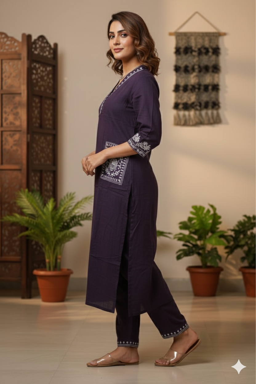 Dark Grape Purple Cotton Kurta Pant Set for Women