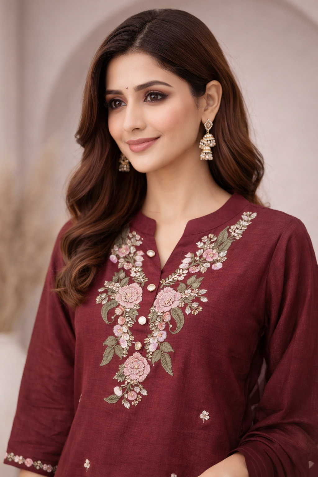 Maroon Floral Embroidered Kurta Pant Set with Dupatta