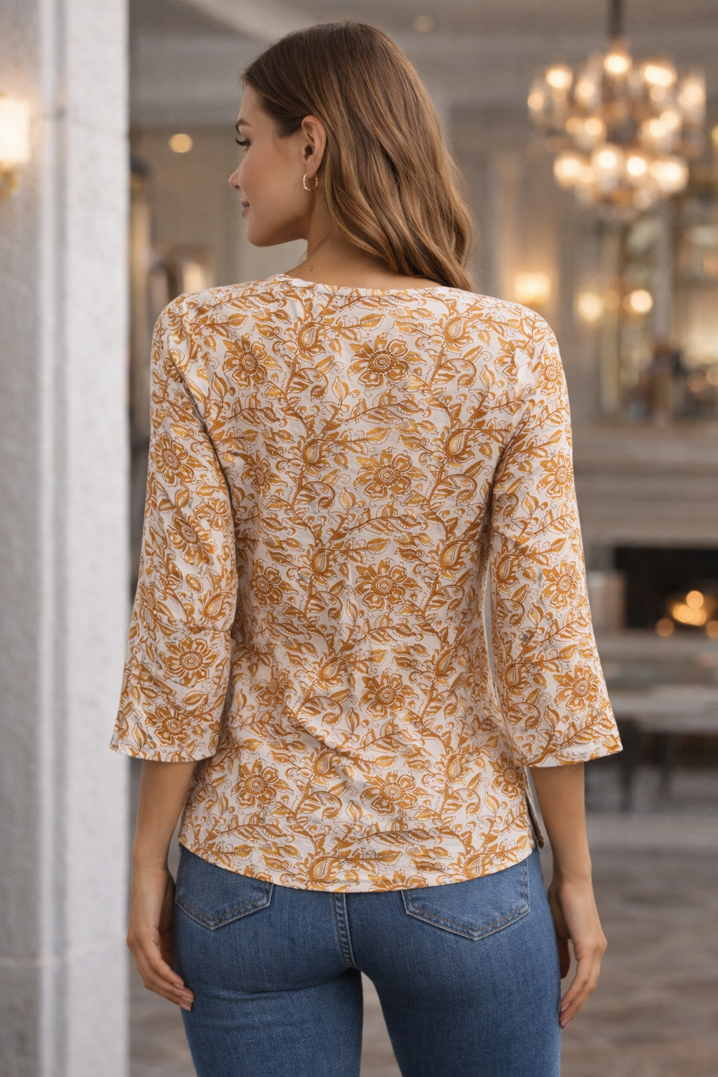 Women’s Printed Cotton Tunic Top – V-Neck, 3/4 Sleeve (White & Mustard Ochre)