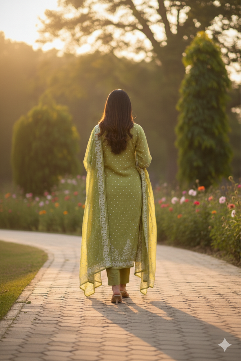 Olive Green Embroidered Kurta Set with Soft Dupatta