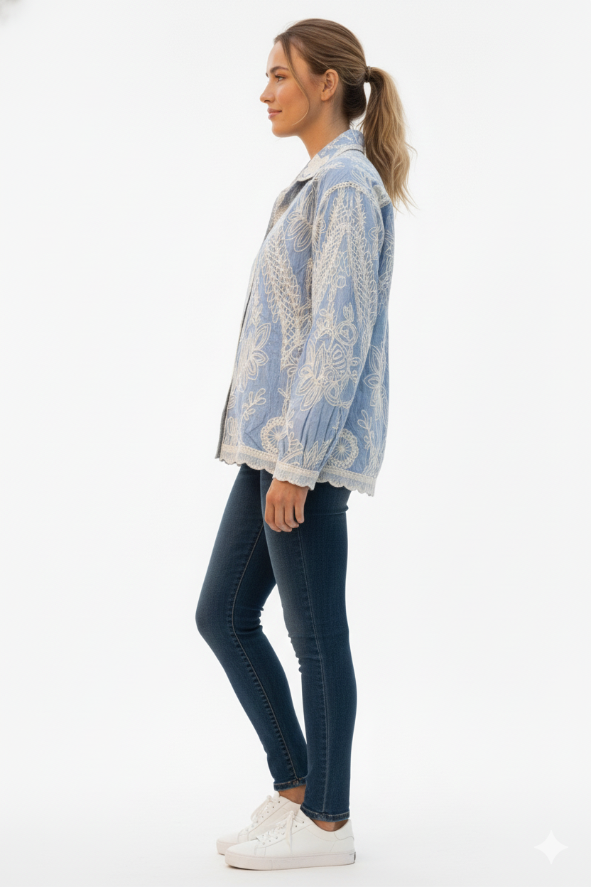 Sky Blue Floral Embroidered Cotton Jacket Top
