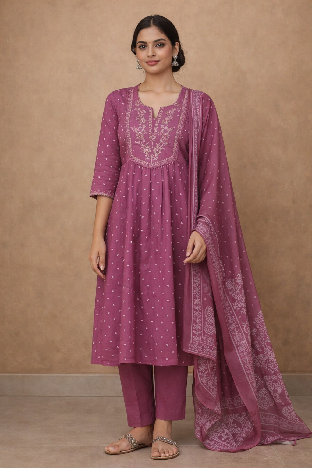 Plum Rose Embroidered Anarkali Kurta Set with Printed Dupatta