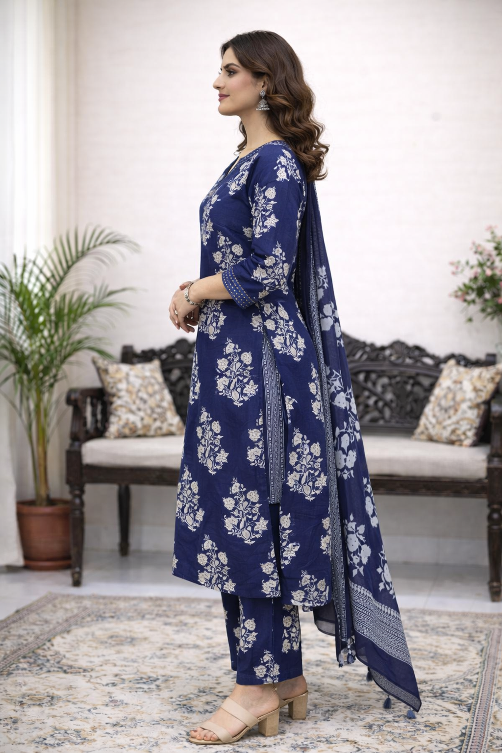 Deep Indigo Floral Printed Kurta Set with Dupatta